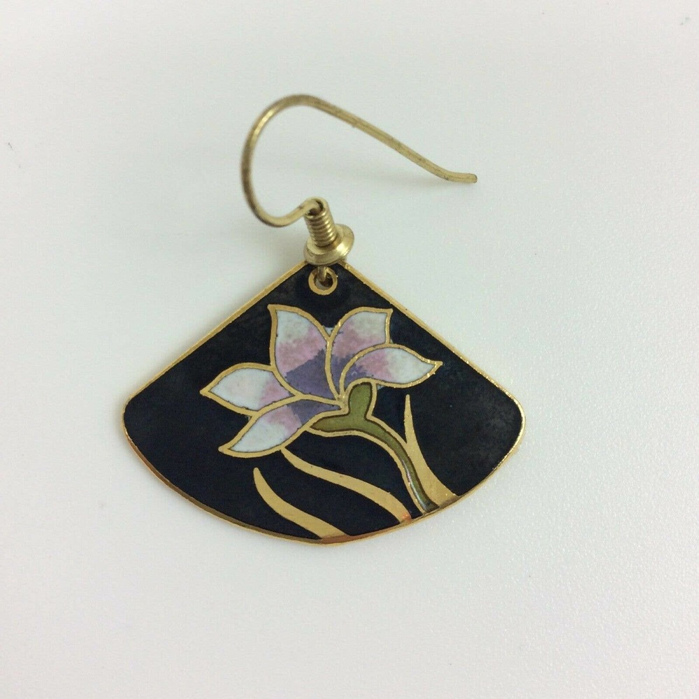 Vintage Cloisonne Dangle Earrings Fan Shape Floral - Picture 6 of 8